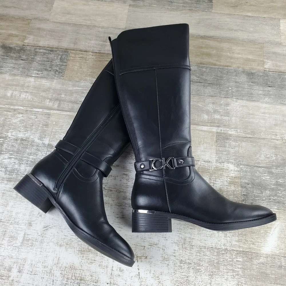 Calvin Klein Daphny Womens Knee-High Boots Sz 8 Black Leather Round Toe Side Zip